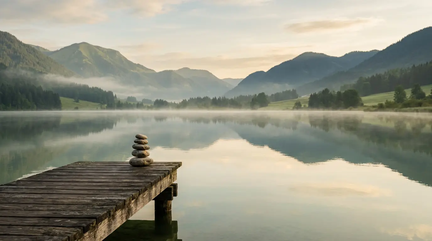 Stiller Bergsee im Morgennebel mit Steinturm auf einem Holzsteg